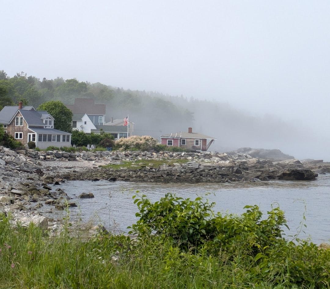 Coastal homes sit on a foggy shoreline.