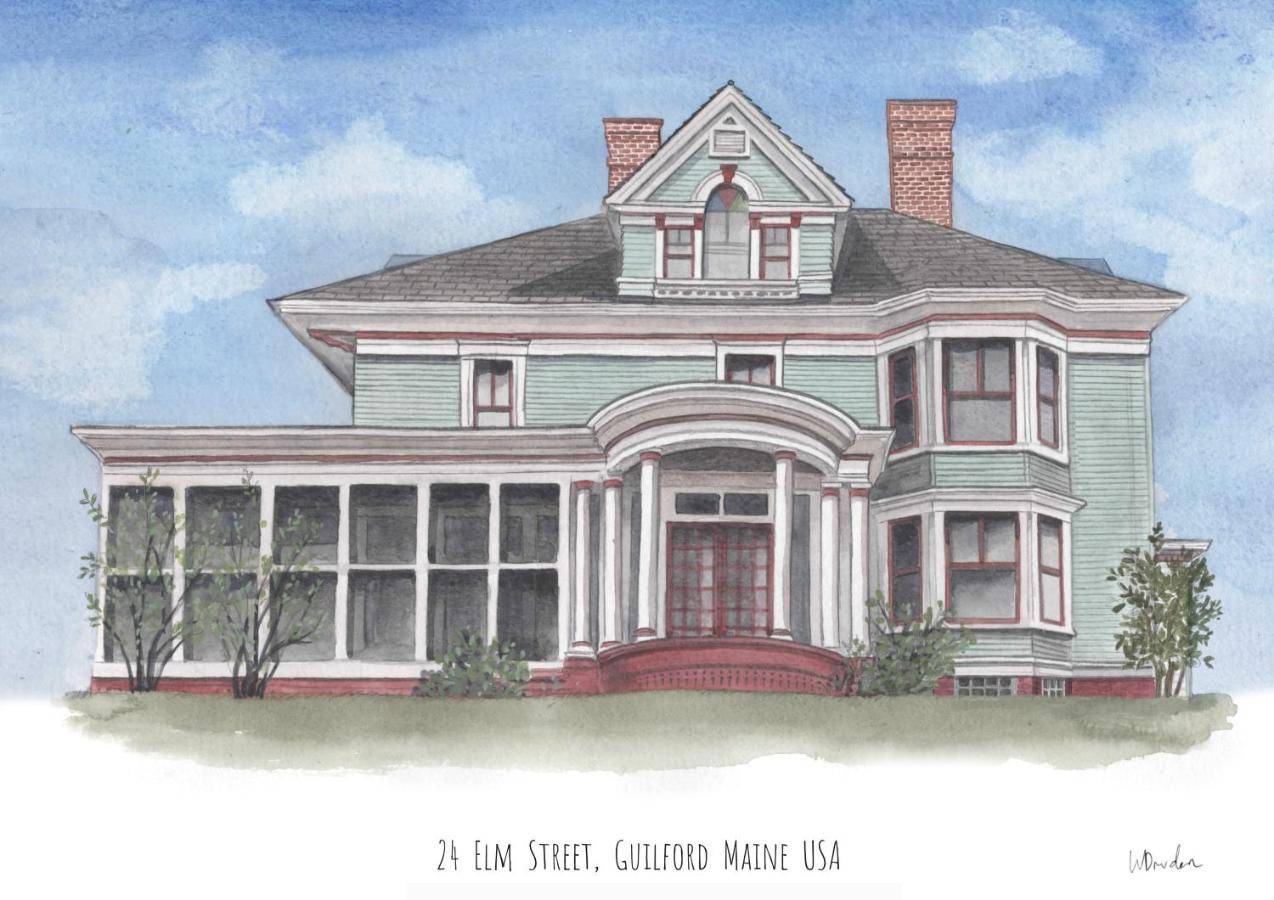 an illustration of an old house with a drawing of it at Guilford Bed and Breakfast in Guilford